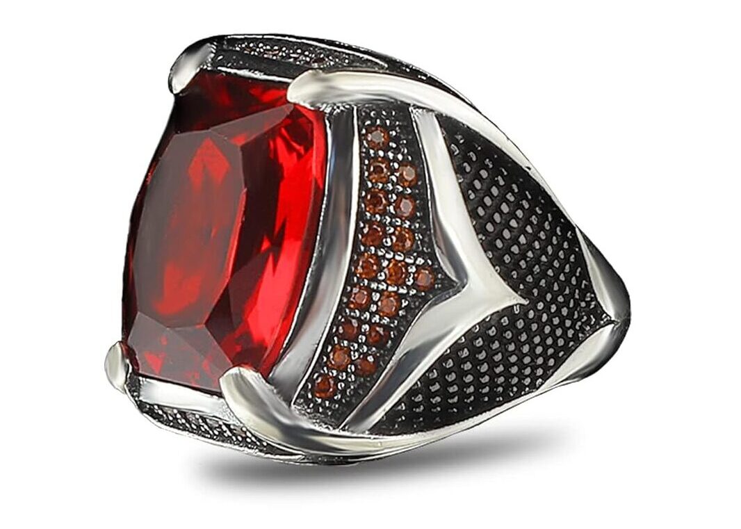 925 Sterling Silver Men\\\'s Ring with Garnet Stone, Handmade Garnet Stone Silver Ring, Gift for Him, Anniversary Gift