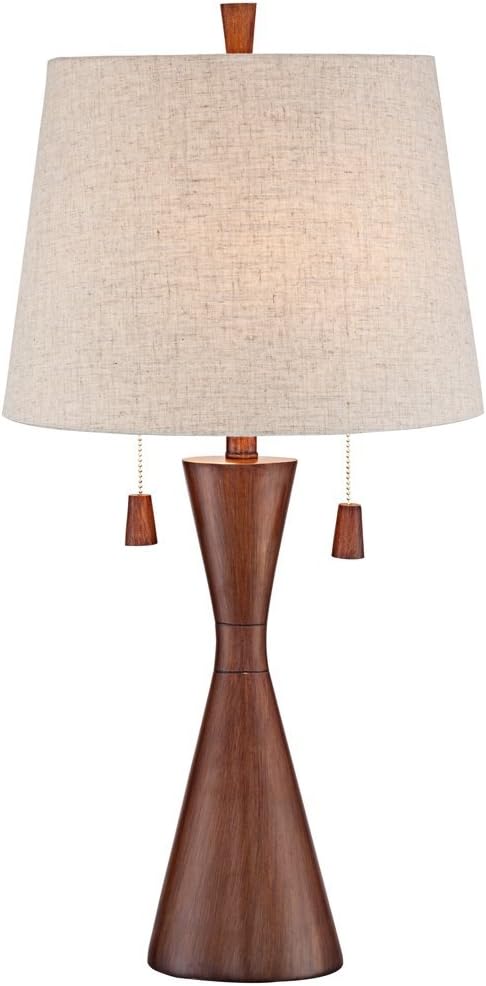 360 Lighting Omar Modern Table Lamp 28 3/4\" Tall Warm Brown Wood Hourglass Oatmeal Fabric Tapered Drum Shade for Bedroom Living Room House Home Bedside Nightstand Office Entryway Kids Family