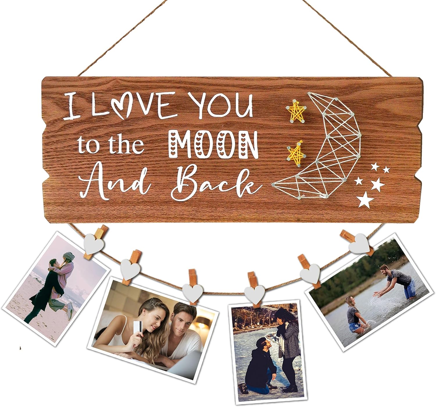 Buecasa Romantic Gifts for Girlfriend Boyfriend Couples Fiance - I Love You to The Moon and Back Photo Holder with 6 Heart Clips 15.8x6.0 Inches