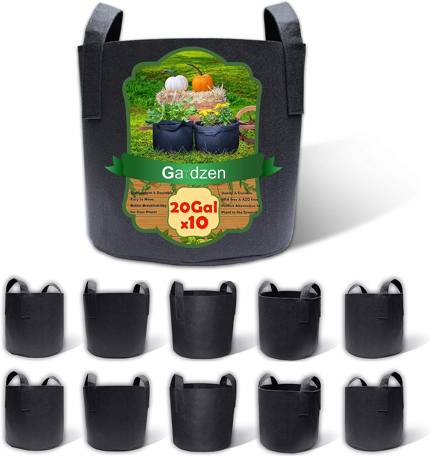 Gardzen 10-Pack 20 Gallon Grow Bags, Aeration Fabric Pots with Handles