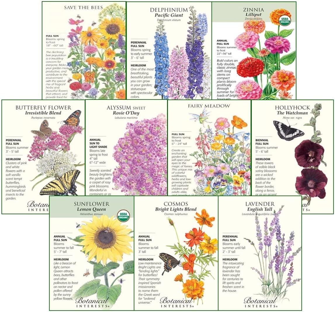 Botanical Interests \\\"Bees, Birds, and Butterflies\\\" Flower Seed Collection - 10 (Ten) Packets with Recyclable Colored Box and Tie with Bow