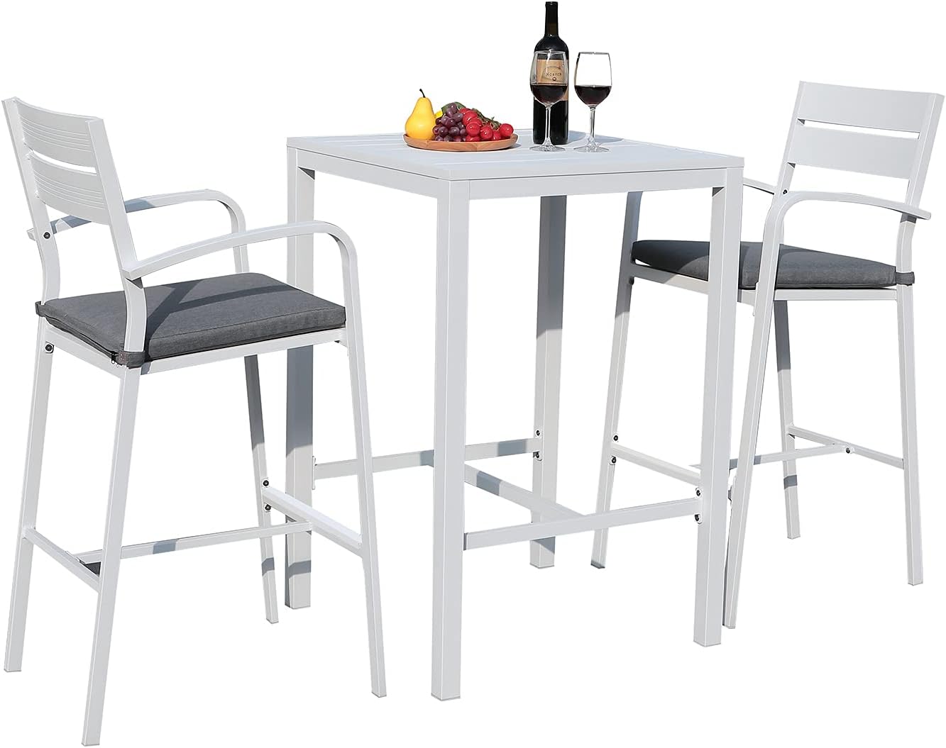 Soleil Jardin Aluminum Outdoor Bar Set, 3-Piece Outdoor Bar Height Table and Chairs Set, Counter Height Bar Stools with Cushions & Slatted High Top Bar Table for Patios, Backyard, Poolside, White