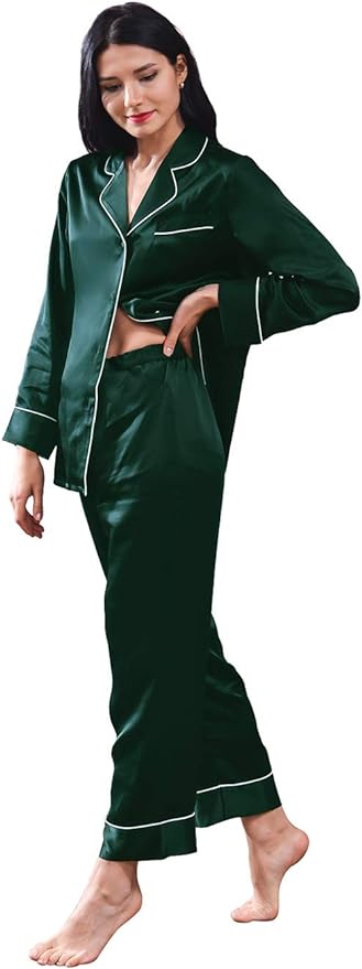 THXSILK Silk Women Pajamas Sets, Long Sleeve Sleepwear Button Down Nightwear, 19 Momme Mulberry Silk PJ Sets(Emerald Green, M)