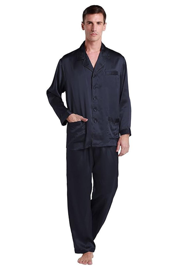 LilySilk Silk Pajama Set for Men 22 Momme Full Length 2 Piece Set Long Sleeves 100% Mulberry Silk L, Navy Blue