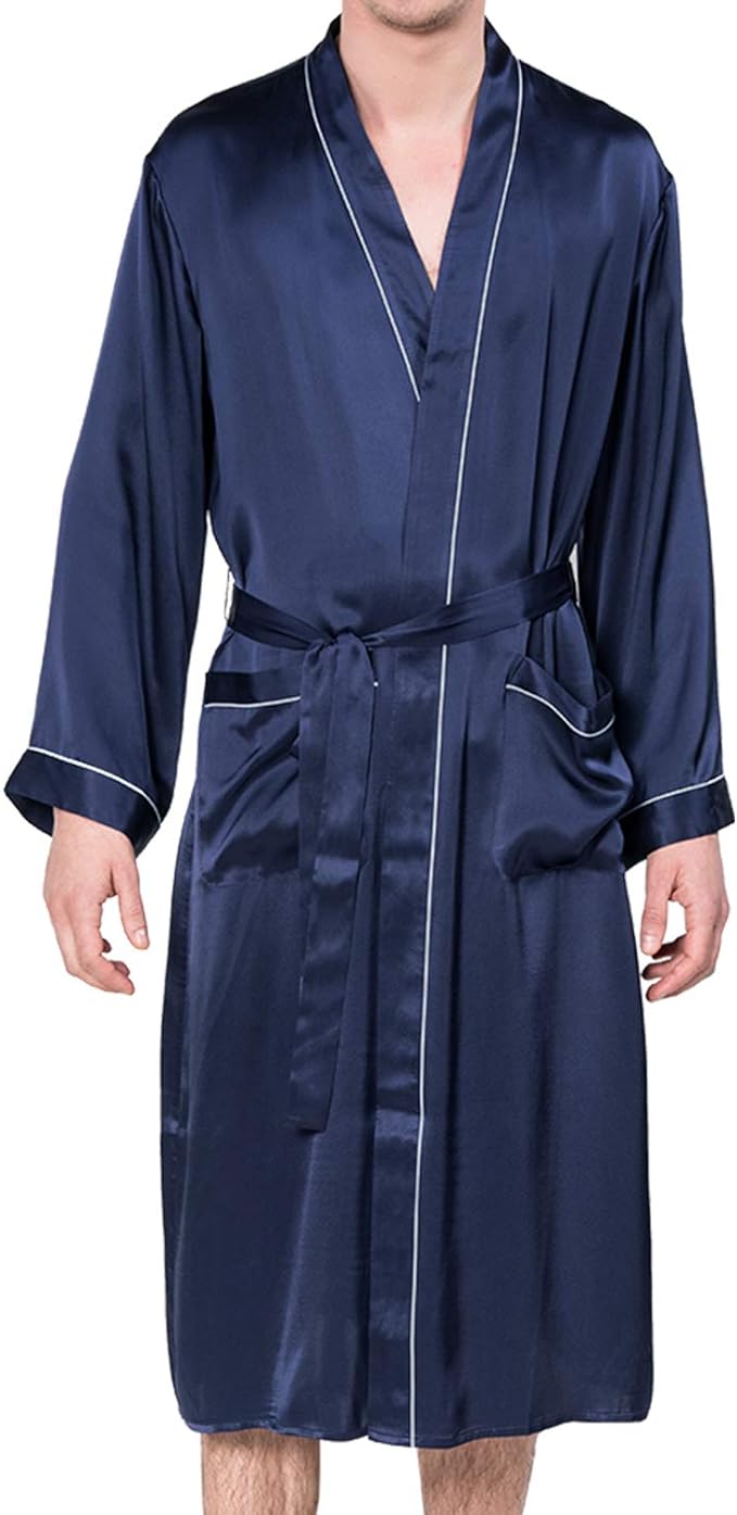 COLD POSH Men\'s Real Silk Robe Luxury Lightweight Bathrobe for Men Long Sleeve Mulberry Silk Sleepwear,Navy,L