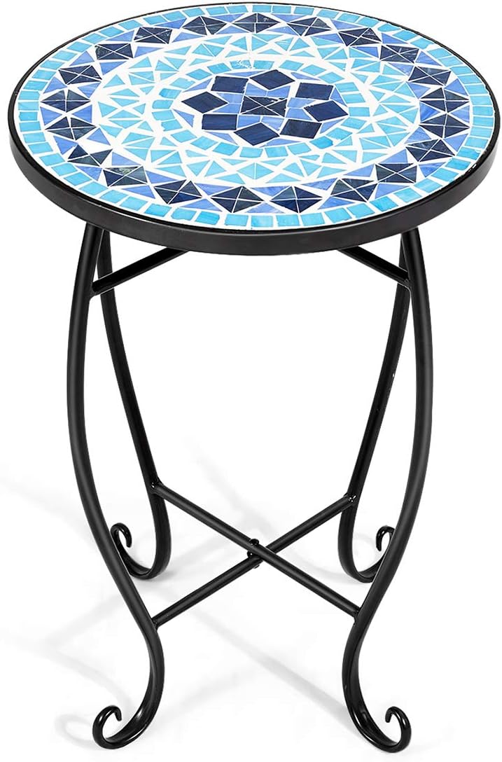 Giantex Outdoor Side Table, Mosaic Patio Table, 14inch Accent Table Plant Stand, Ceramic Tile Top Metal Frame, Small End Table Porch Beach Patio Garden Balcony Poolside