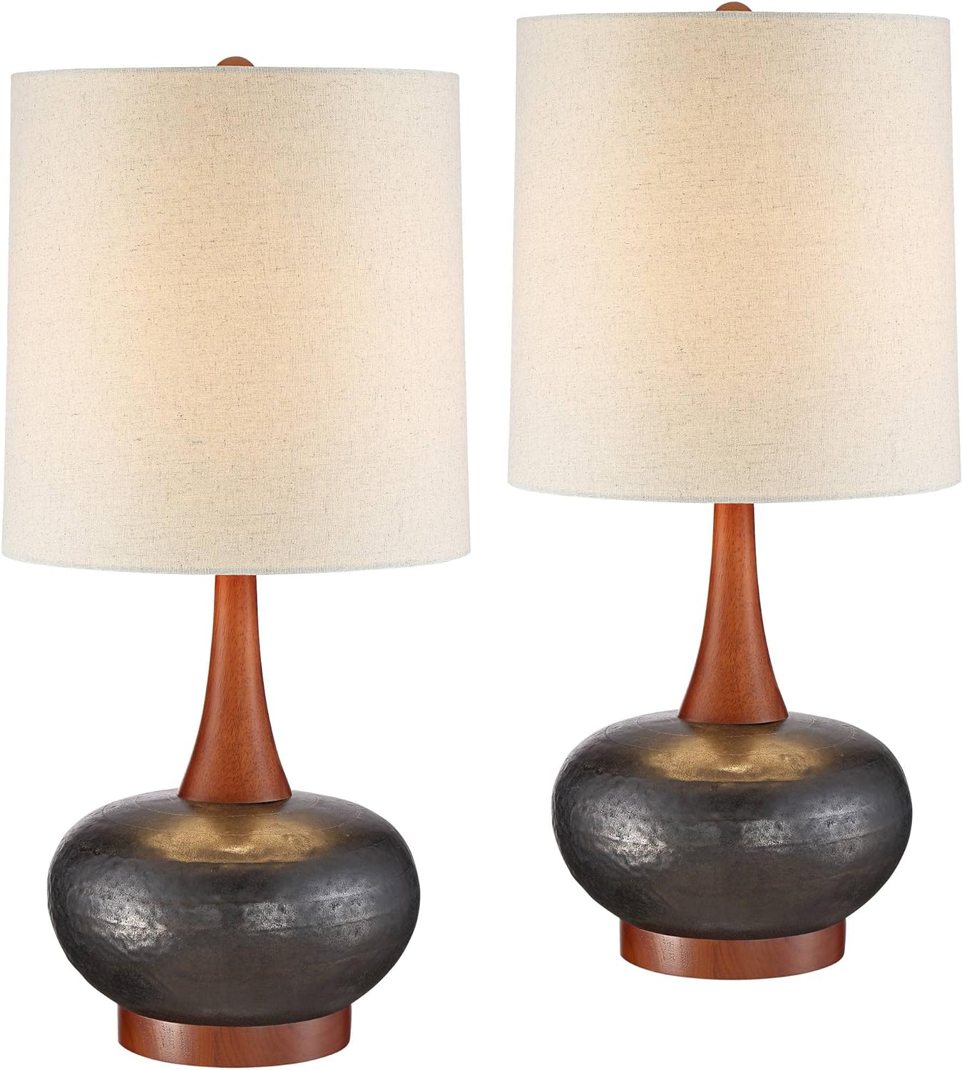 360 Lighting Andi Mid Century Modern Table Lamps 24 1/2" Tall Set of 2 Brown Hammered Ceramic Red Oak Wood Off-White Fabric Shade for Bedroom Living Room Bedside Nightstand House Home Office
