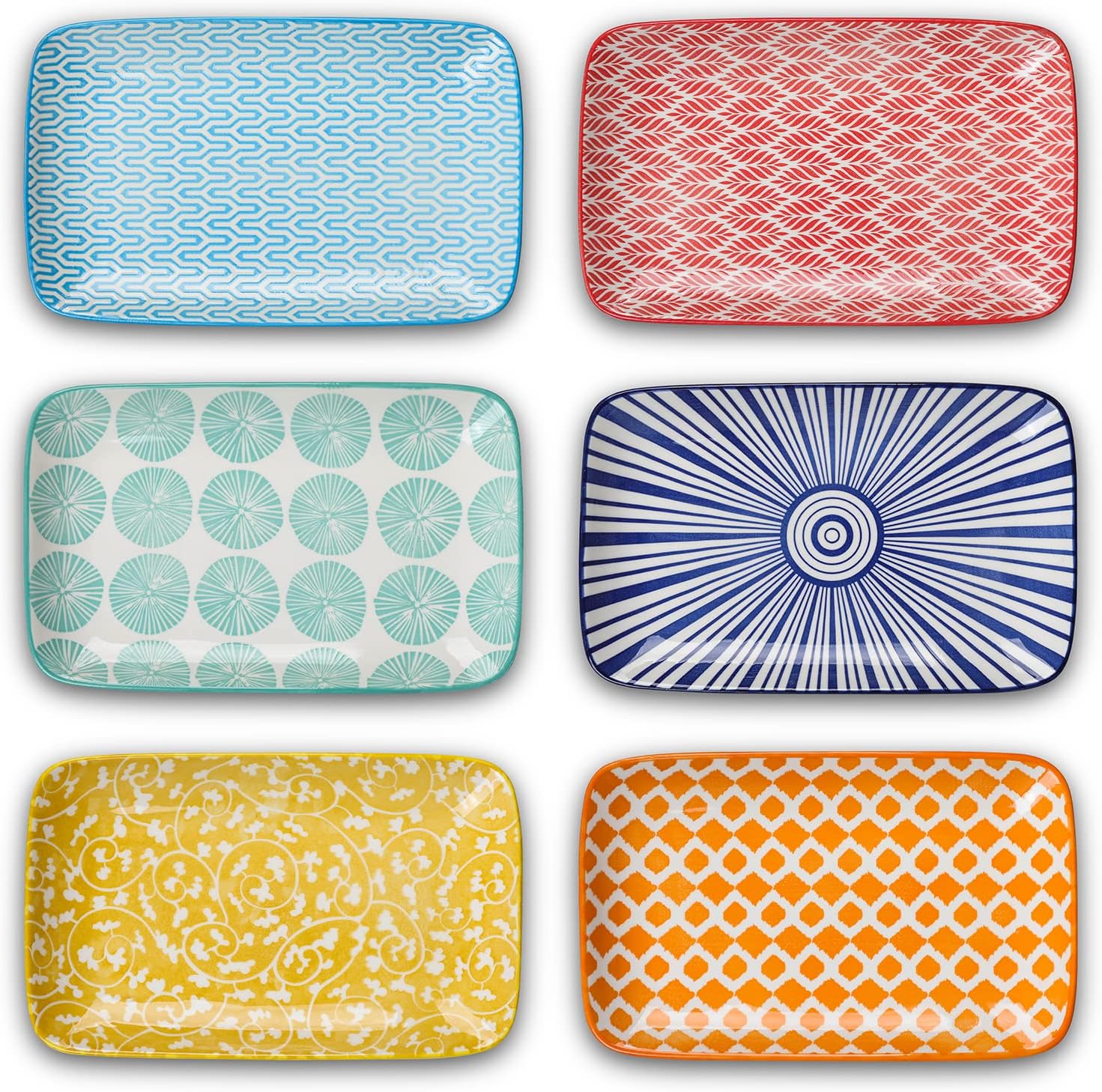 Selamica Ceramic 9.5 Inch Large Rectangular Salad Plates, Dinner Plates, Pasta Dessert Plates Serving Platters and Trays for Appetizer, Sushi, Fruit, Set of 6, Assorted Colors