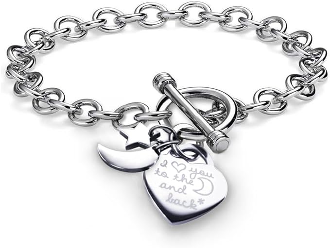 Pearlina Charms Bracelet Heart Toggle I Love You To The Moon and Back Stainless Steel Chain 7.5\\\"