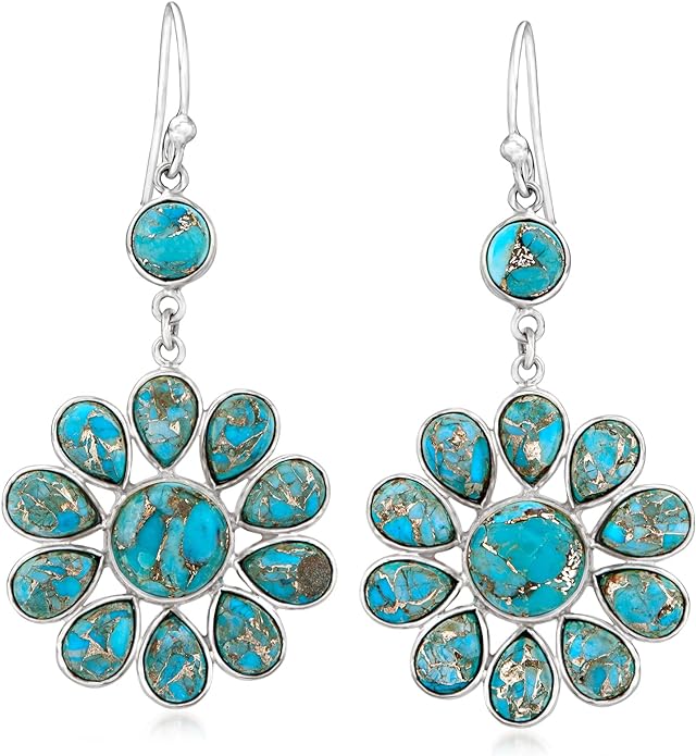 Ross-Simons Turquoise Flower Drop Earrings in Sterling Silver