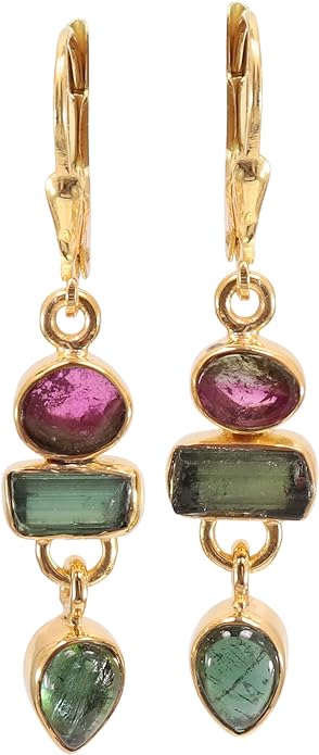 Earth Gems Jewelry Watermelon Tourmaline Earring-Leverback Earring-18k Gold Vermeil Earring-925 Silver Earring-Dangle Drop Earring-Sterling Silver Earring