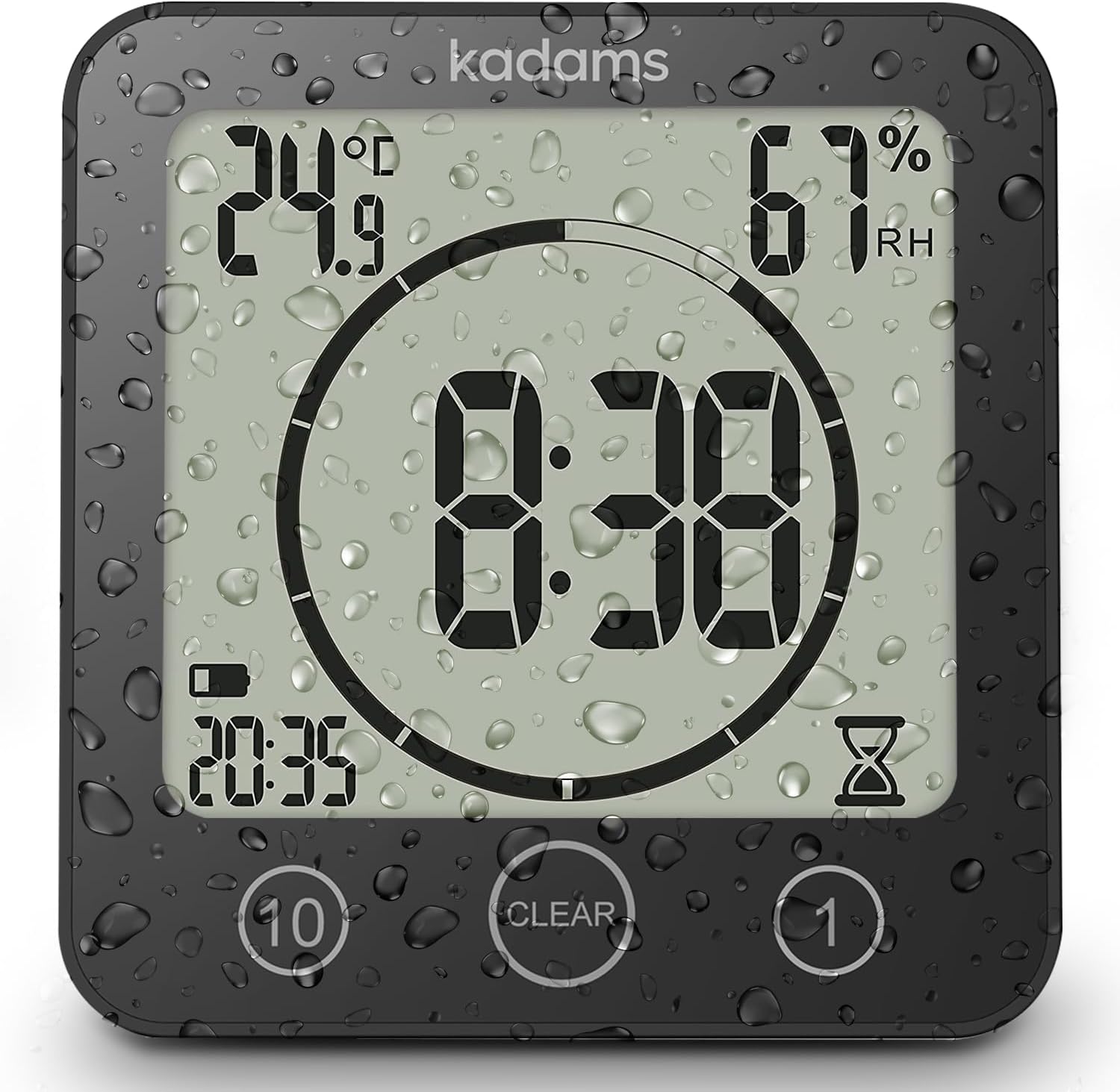 KADAMS Digital Bathroom Shower Kitchen Wall Clock Timer with Alarm, Waterproof for Water Spray, Touch Screen Timer, Temperature Humidity, Suction Cup Hanging Hole Stand - Black