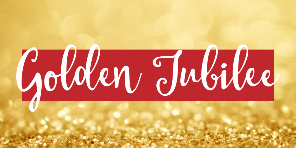 Depth of field image of gold sparkles with a text overlay that read "Golden Jubilee"