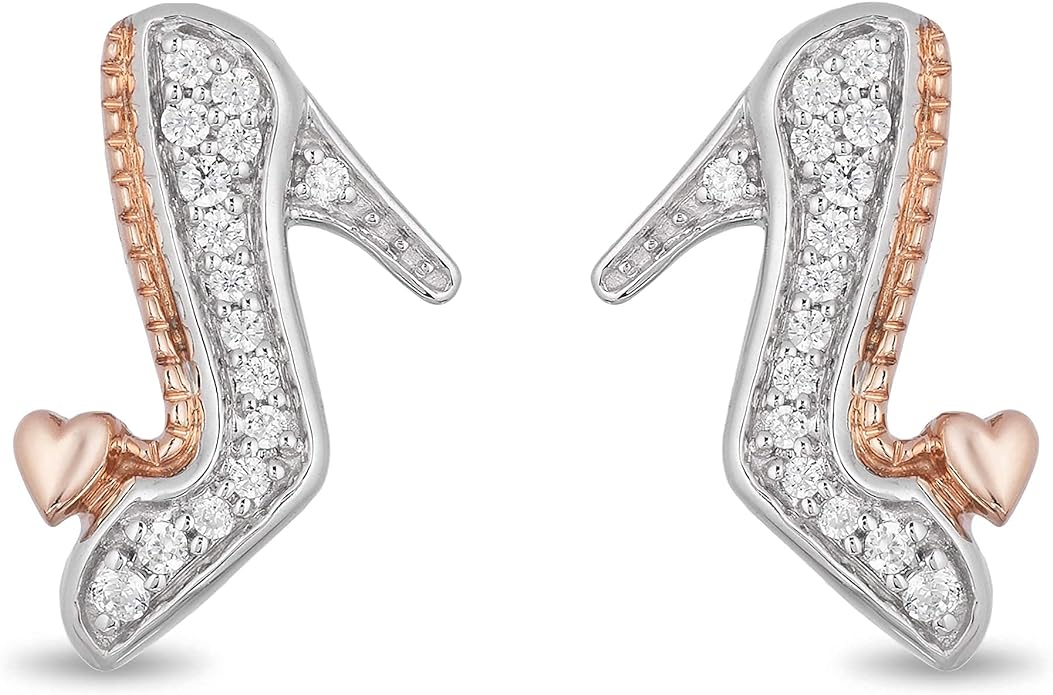 Jewelili Enchanted Disney Fine Jewelry 10K Rose Gold and Sterling Silver 1/10 Cttw Round White Diamond Cinderella Slipper Earrings