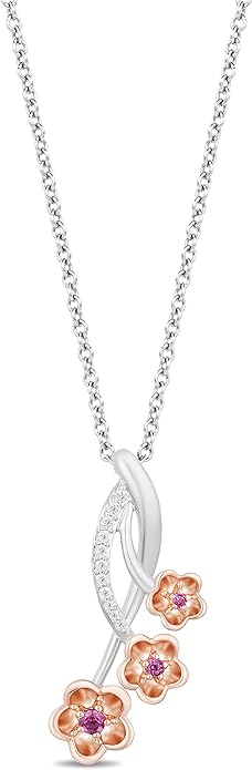 Jewelili Enchanted Disney Fine Jewelry Sterling Silver and 10K Rose Gold Diamond Accent and Rhodolite Garnet Mulan Pendant