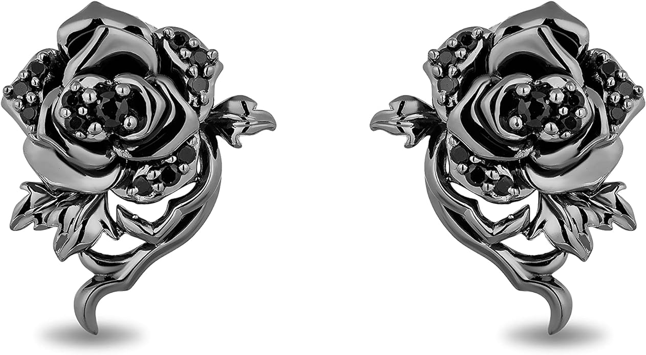 Jewelili Enchanted Disney Fine Jewelry Black Rhodium over Sterling Silver 1/5 Cttw Treated Black Round Diamond Maleficent Rose Earrings