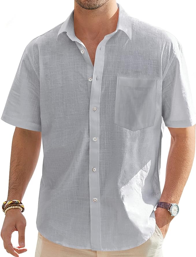 J.VER Men\\\'s Half Sleeve Linen Shirt Solid Casual Button Down Shirts Summer Beach T-Shirt with Pocket Light Grey Large