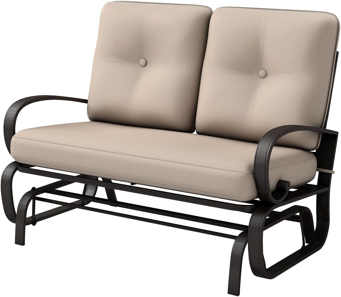 Giantex Outdoor Glider Bench, Patio 2 Person Loveseat with Removable Cushion, Thick Padded Seat, Stable Steel Frame, Outside Glider Swing Chair for Deck, Poolside, Yard, Balcony, Porch Glider(Beige)