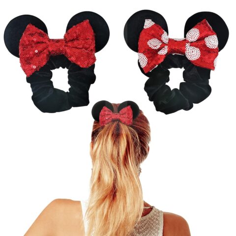 Styla Hair 2pk Mouse Ear Scrunchies for Kids Velvet Hair Bow Scrunchies for Women - Sparkle Sequins Mouse Hair Bands for Pony Tail (Red Black)