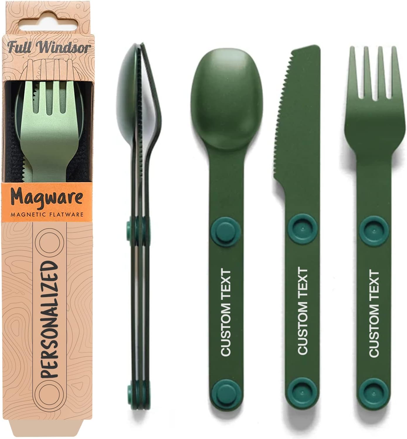 Personalized MAGWARE Magnetic Camping Cutlery Utensils Set - Custom Engraved Portable & Reusable Metal Travel Flatware w/a Case for the Outdoors, Office & Kid\\\'s Lunchbox | Knife, Fork, Spoon (3 PCS)