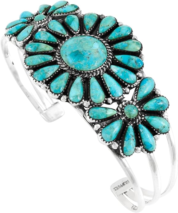 Southwest Style Genuine Turquoise 925 Sterling Silver Cluster Bracelet (Turquoise)