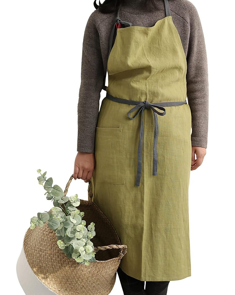 HANEE Kitchen Apron for Women and Men (Green) Linen Cooking Aprons with pocket