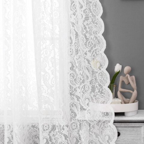 Bujasso White Lace Sheer Curtains 84 inch Vintage Floral Sheer Window Curtain Panels for Living Room Bedroom Luxury Light Filtering White Drapes Window Treatment Sets Grommet Top 2 Panels 54\" Wx84 L