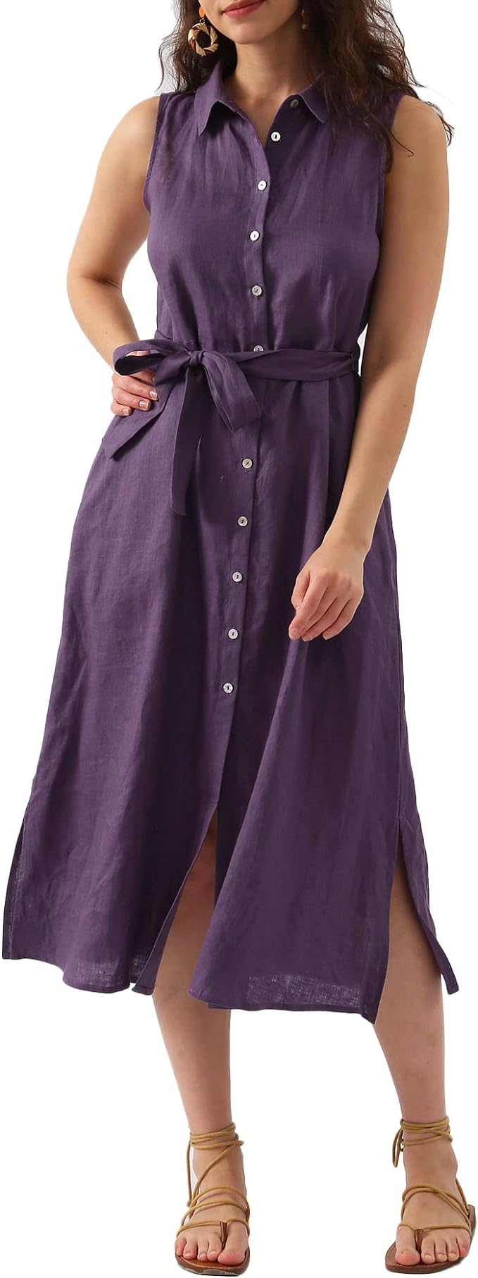Amazhiyu Womens Pure Linen Summer Button Down Midi Dresses with Pockets and Belt Purple, Medium