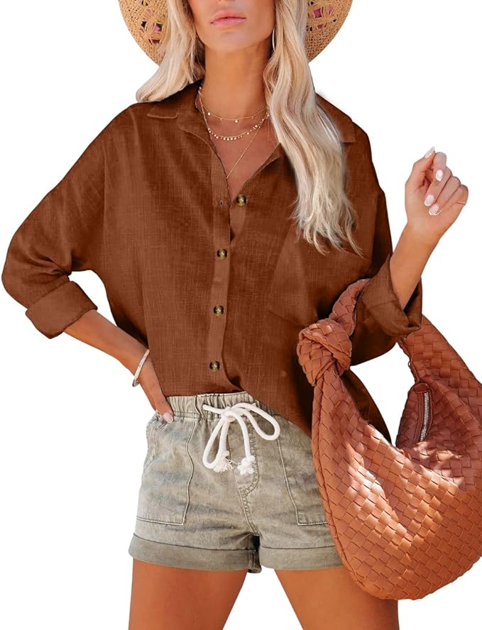 Pausus Plus Size Linen Button Down Shirts for Women 100% Cotton Collared Shirt Casual Fit Long Sleeve Work Shirt Blouses Brown M