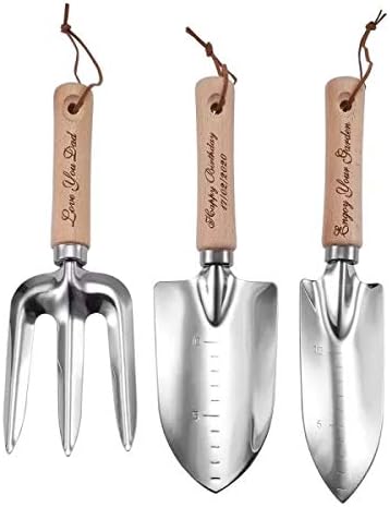 Zakally Personalized Custom Garden Shovel Trowel Tools Set with Engraved Wood Handle (3PCS)