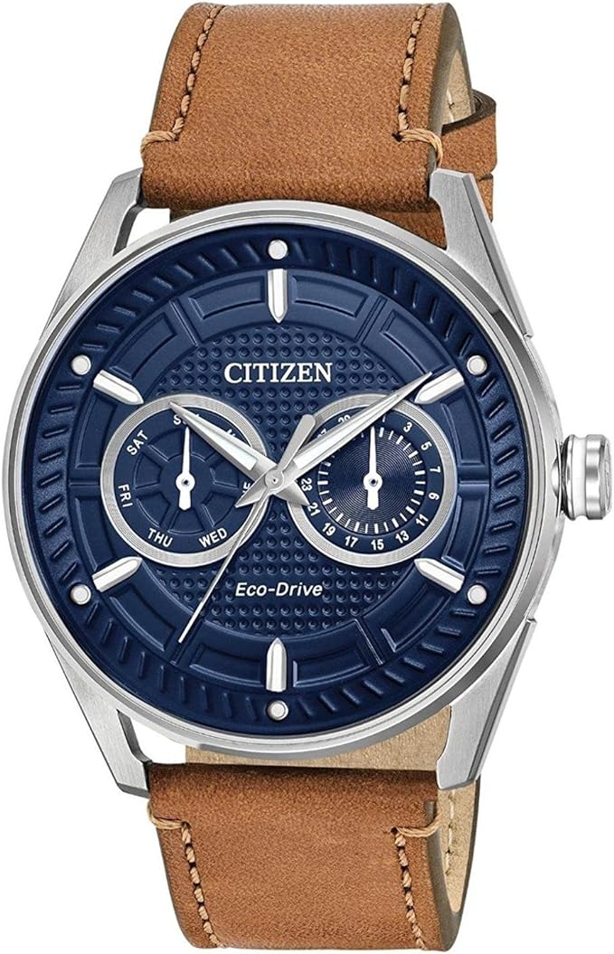 Citizen Men\'s Eco-Drive Weekender Watch in Stainless Steel with Brown Leather Strap, Blue Dial, 42mm (Model: BU4020-01L)