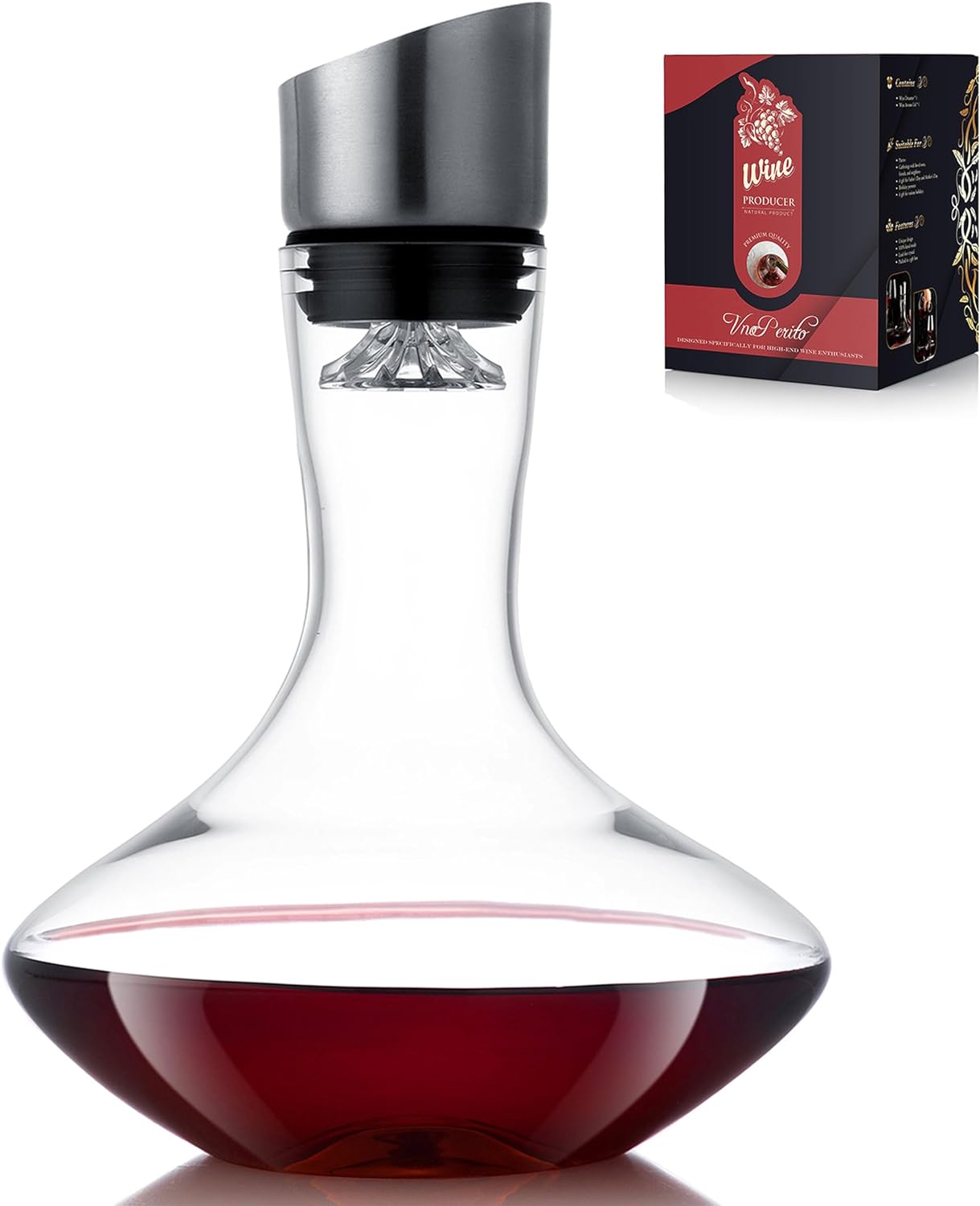 VnoPerito Wine Decanter,Red Wine Carafe,Decanter with Built-in Aerator Pourer, 100% Hand Blown Lead-free Crystal Glass with Stainless Steel Pourer Lid, Filter, Wine Gifts for Men