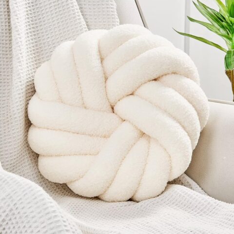 Uvvyui Knot Pillows, 14 Inch Decorative Throw Pillows Round Pillows Cushion, Soft Handmade Knotted Ball Pillow Plush Cushion Home Decor for Bed Couch Living Room (Ivory, 14 Inch)