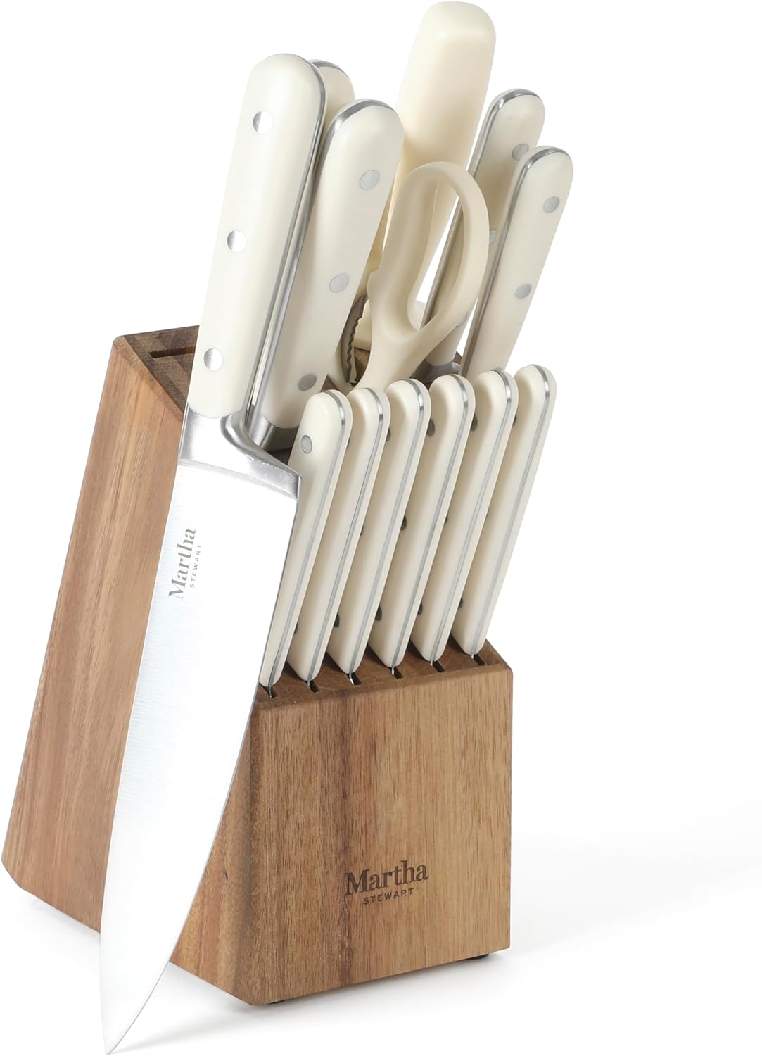 MARTHA STEWART Eastwalk 14 Piece High Carbon Stainless Steel Cutlery Knife Block Set w/ABS Triple Riveted Forged Handle Acacia Wood Block - Linen White