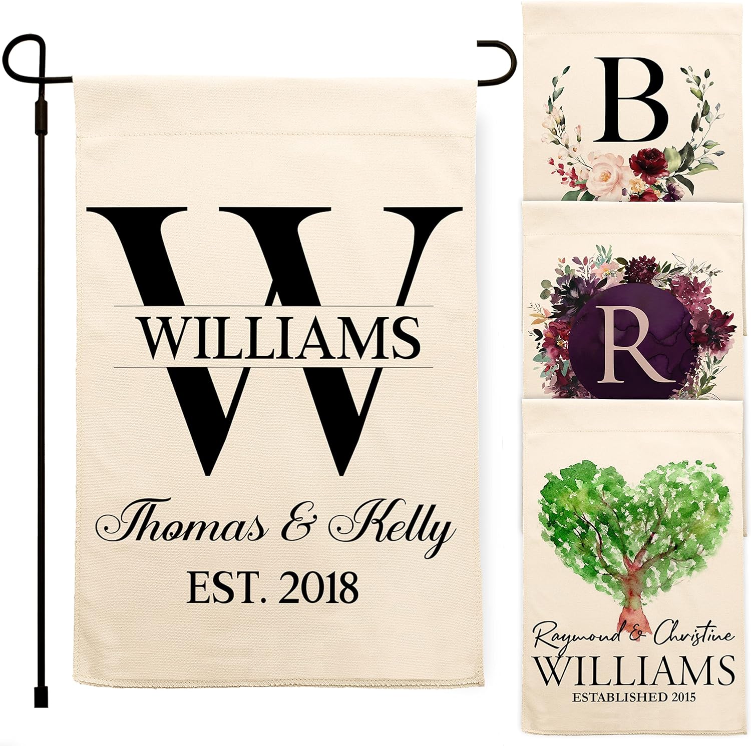 Personalized Garden Flag | Small Vertical Double Sided 12.5\\\" X 18\\\" Porch Flags | Customize Yard House Flag | Elegant Black Family Name, Initial, Couple Names And Date | C02D10