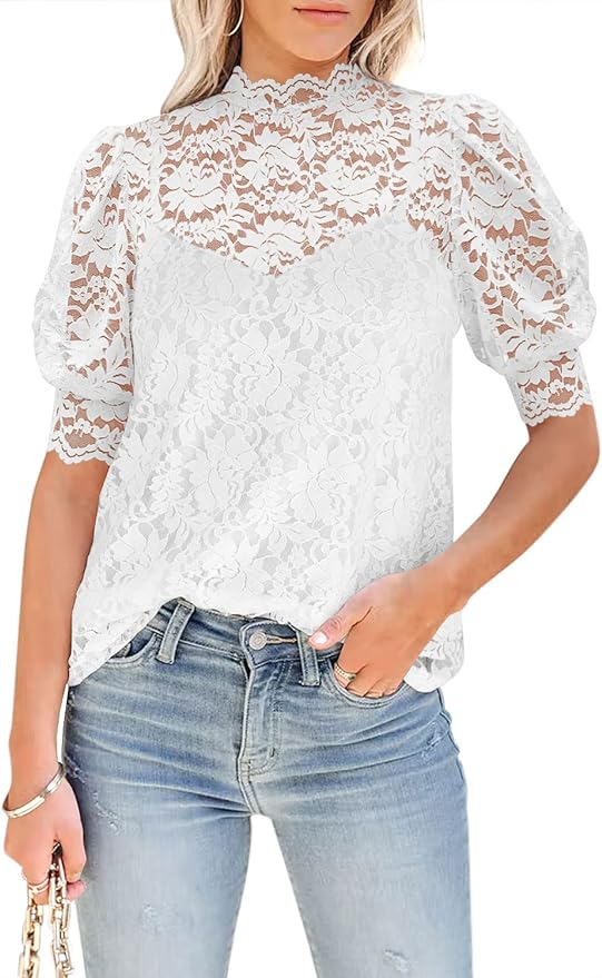 DOROSE Womens Elegant Lace Floral Tops Puff Sleeve Summer Blouses White M