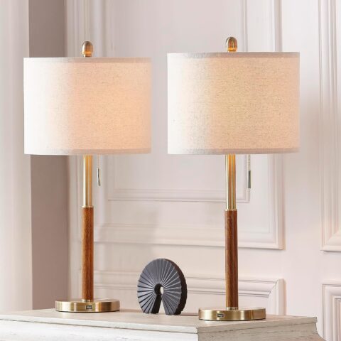 YAMEIWAN 28\" Gold Bedside Lamps Set of 2 for Bedroom - Modern Table Lamp with USB Charging Port for Living Room End Table - Nightstand Lamp with 3-Way Dimmable and Pull Chain Switch