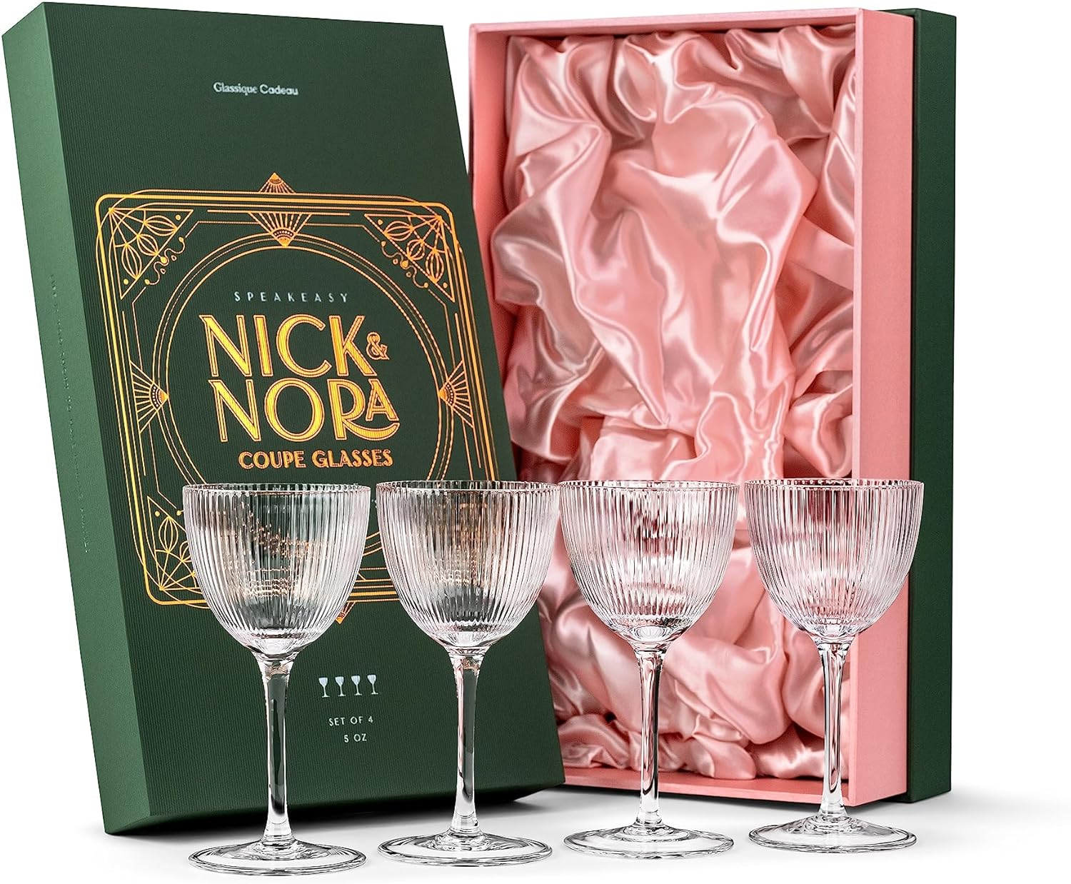 Vintage Art Deco Nick and Nora Coupe Glasses | Set of 4 | 5 oz Crystal Ribbed Cocktail Glassware for Drinking Classic Gin, Whiskey, Vodka Bar Drinks | Retro Long Stemmed Barware Goblets