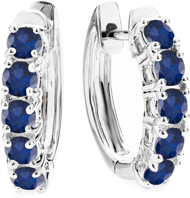 Dazzlingrock Collection Round Lab Created Blue Sapphire Five Stone Hinged Post Huggies Hoop Earrings for Women in 10K White Gold