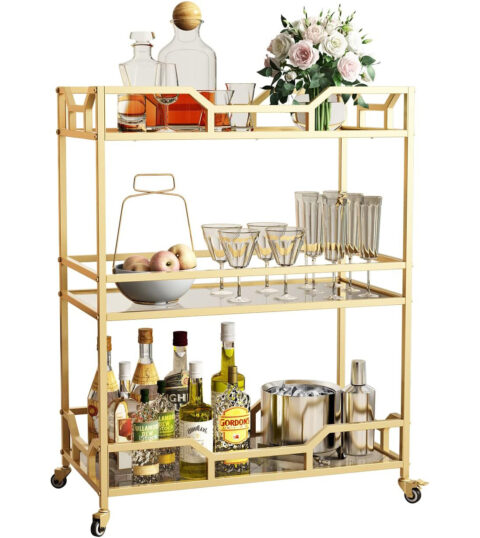 OuQinDesign Square Gold Bar Carts with 3 Tier Storage Shelves Wine Glass Holder Home Serving Rolling Bar Carts on Wheels for Kitchen, Bar, Dinning Room
