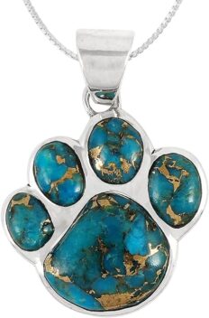 Turquoise Network Dog Paw Necklace Pendant 925 Sterling Silver Genuine Gemstones (with 20\" Chain)