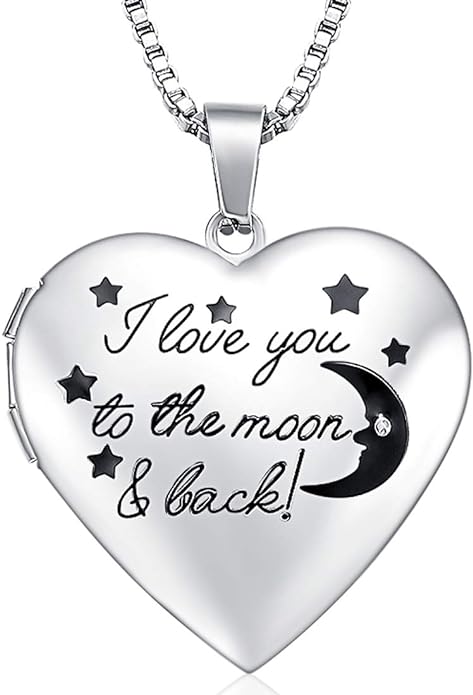 GOKING I Love You to The Moon and Back Love Heart Photo Locket Pictures Necklace Pendant for Girl Women