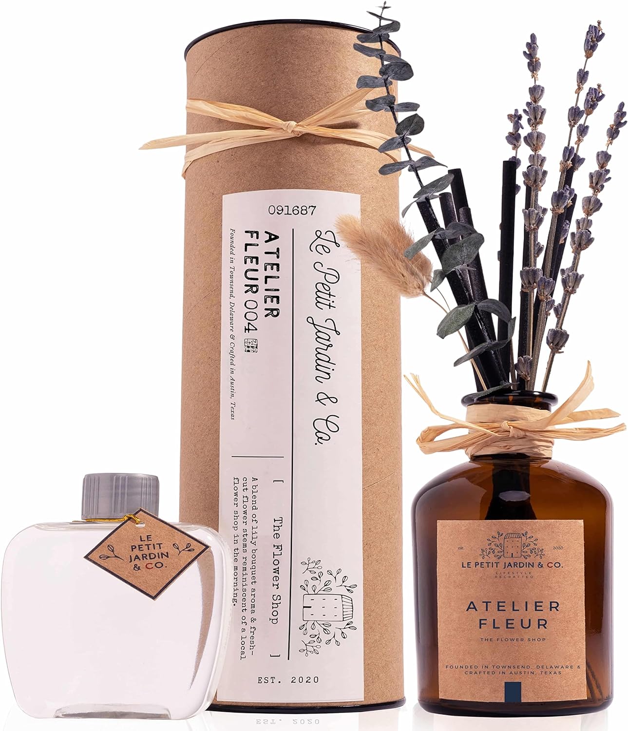 Le Petit Jardin & Co. Real Preserved Dried Flower Reed Diffuser Oil Scented Stick Fragrance Gift Set for Rustic Farmhouse Home Office Desk Bathroom Decor (The Flower Shop, Lavender & Eucalyptus)