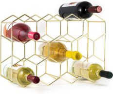 Gusto Nostro Countertop Wine Rack - 14 Bottle Freestanding Modern Gold Metal Small Wine Rack - 3 Tier Tabletop Wine Holder Stand for Cabinet, Pantry, Wine Bottle Storage - No Assembly Required