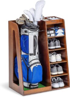 GoSports Premium Wooden Golf Bag Organizer and Storage Rack – Black, Brown, and White