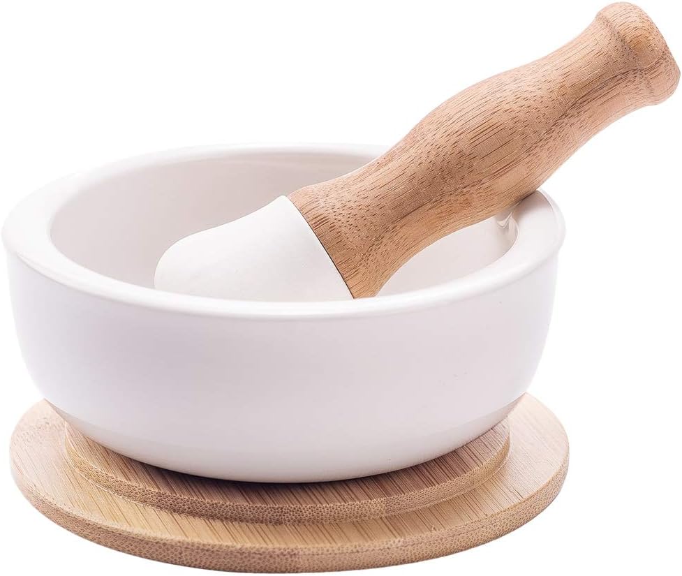 Porcelain Mortar and Pestle Set – Pill Crusher, Spice Grinder, Herb Bowl, Pesto Powder – Molcajete for Salt - Plus Lid/Non-Slip Base