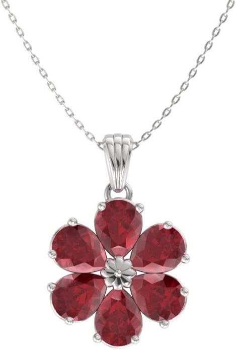 Diamondere Natural and Certified Pear Cut Ruby Flower Necklace in 14k White Gold | 0.90 Carat Pendant with Chain