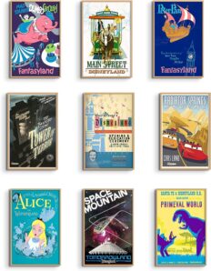Disney Ride Posters for Wall, Radiator Springs, Space Mountain, Tower of Terror, Mad Tea Party, Peter Pan\'s Flight, Reproduction Wall Art (set of 9, 11 x 17) Vintage Disney Posters