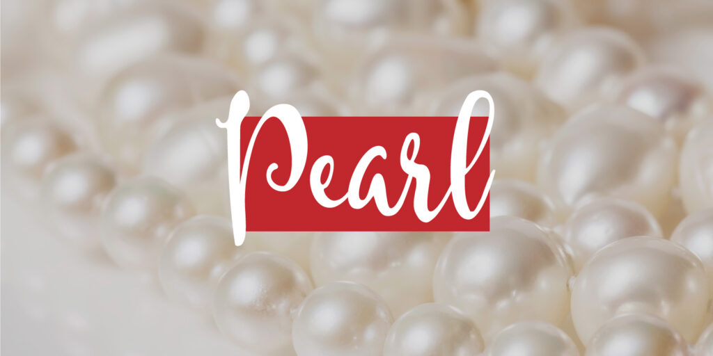 Detail image of a strand of pearls with text overlay that reads "pearl"