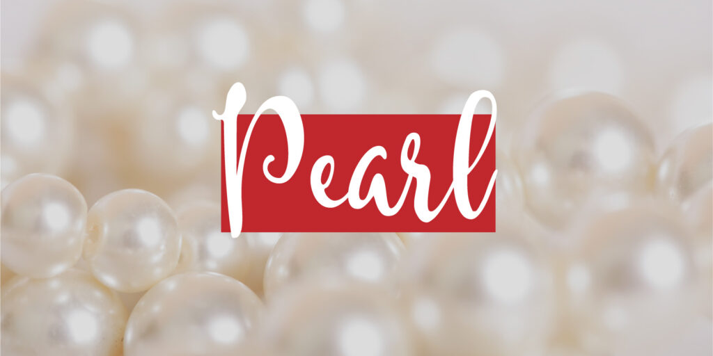 Detail image of a strand of pearls with text overlay that reads "pearl"